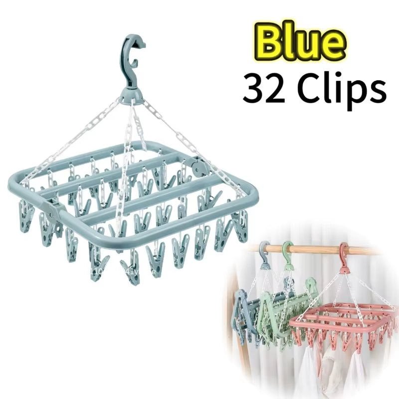 32 Clips Folding Clothes Dryer Hanger Windproof Socks Underwear Drying Rack Household Children Adults Storage Laundry Rack