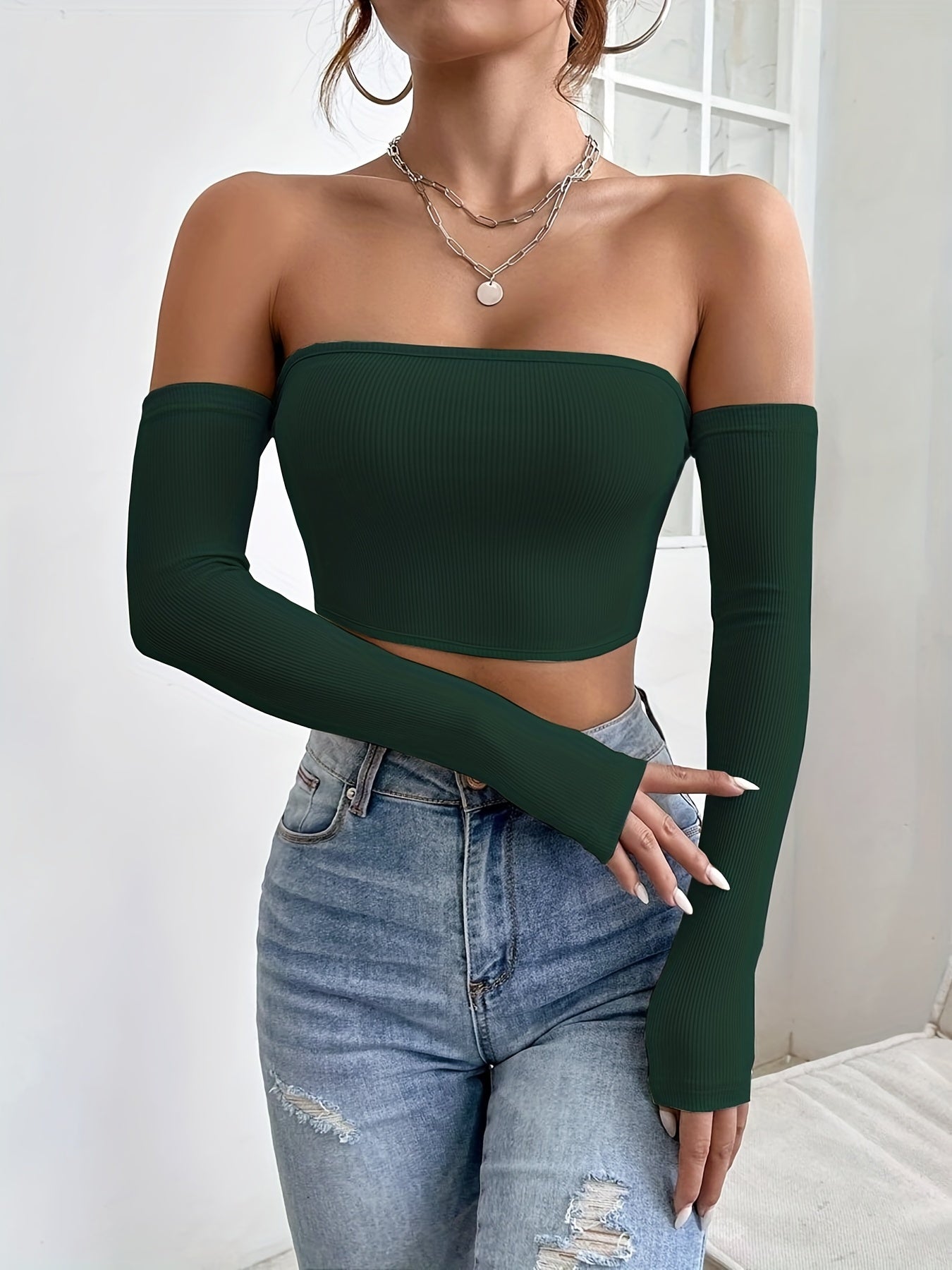 Women's Off-Shoulder Short Crop Top - Slim-Fit Sleeve Stretchy Shirt, Solid Black All-Season Versatile Top for Casual & Formal Outfits, Machine Washable Elegant Women's Fashion Apparel