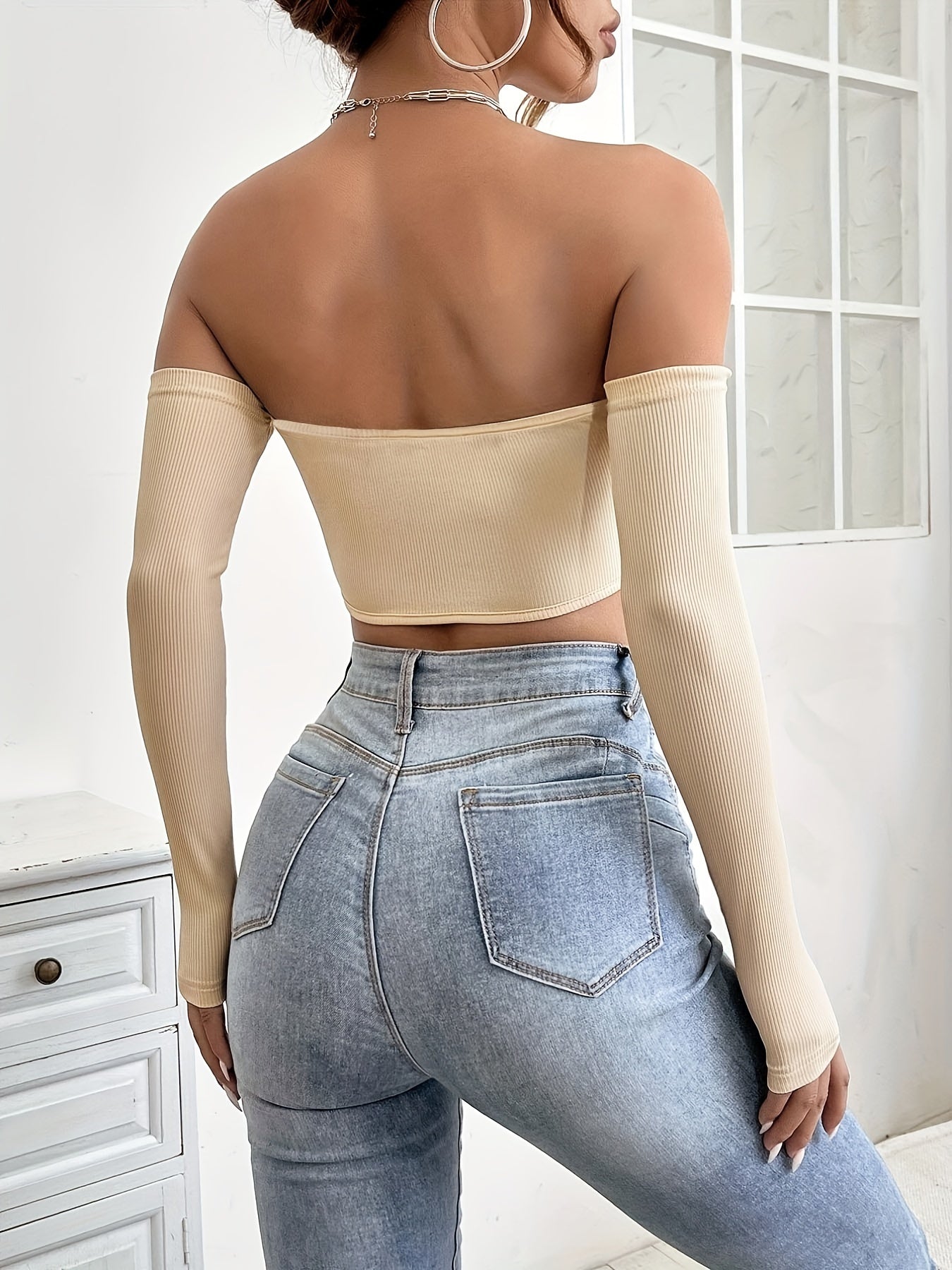 Women's Off-Shoulder Short Crop Top - Slim-Fit Sleeve Stretchy Shirt, Solid Black All-Season Versatile Top for Casual & Formal Outfits, Machine Washable Elegant Women's Fashion Apparel