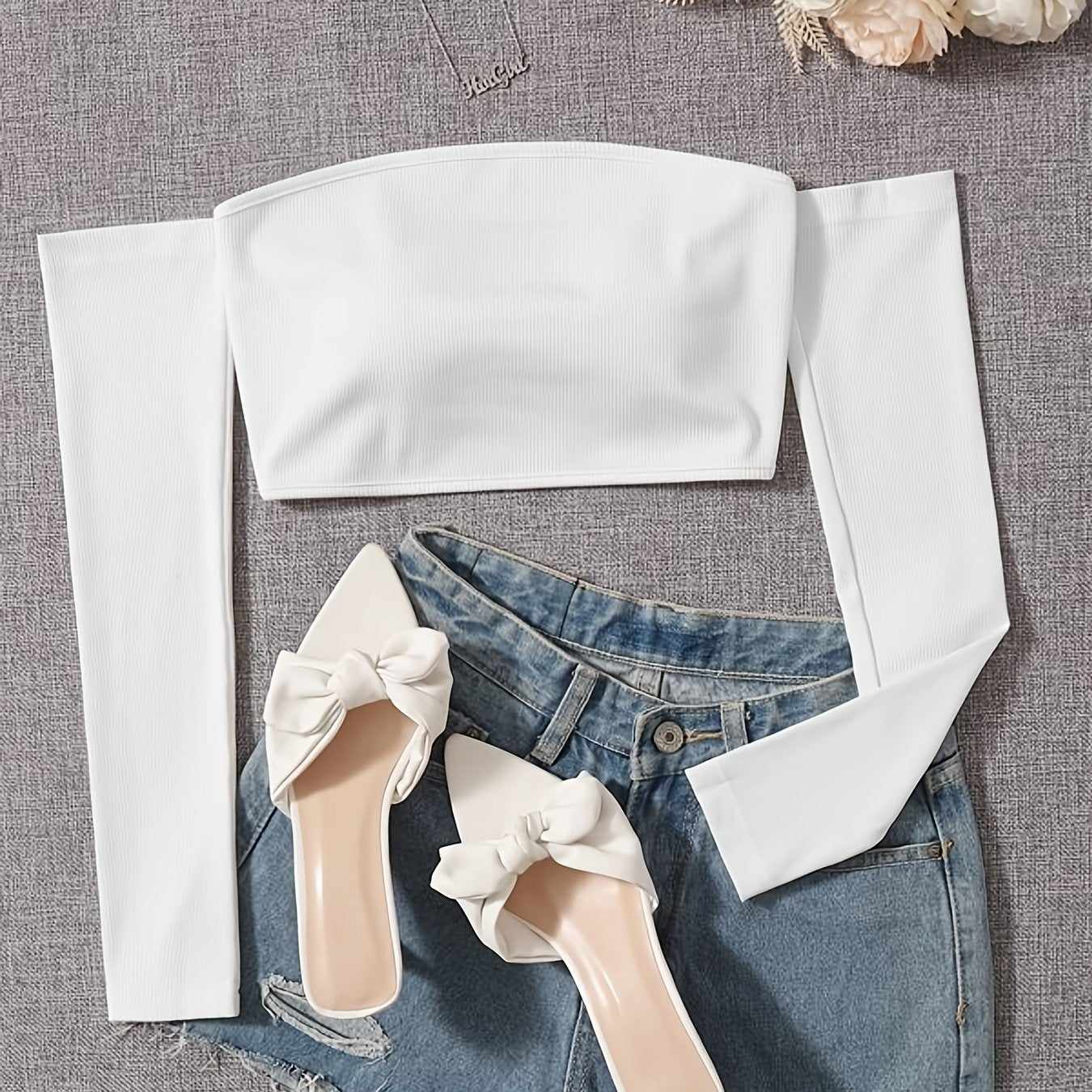 Women's Off-Shoulder Short Crop Top - Slim-Fit Sleeve Stretchy Shirt, Solid Black All-Season Versatile Top for Casual & Formal Outfits, Machine Washable Elegant Women's Fashion Apparel