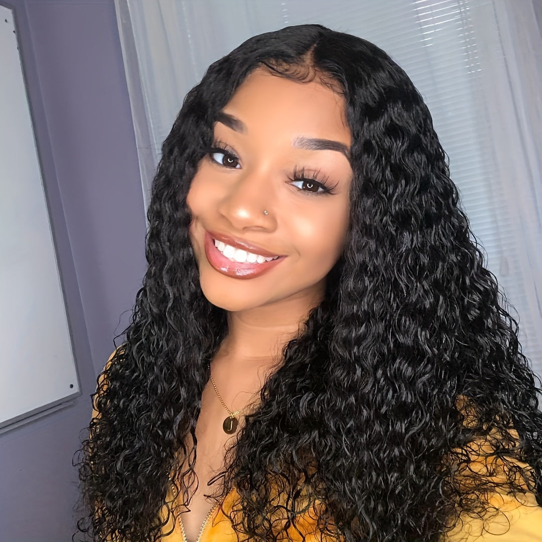 Glamorous Water Wave Human Hair Wig for Women - 100% Real, Glueless 4x4 HD Transparent Lace Closure, 180% Density, Easy Wear No Gel Needed, Pre-Cut Curly Lace Front, Perfect for Everyday Elegance