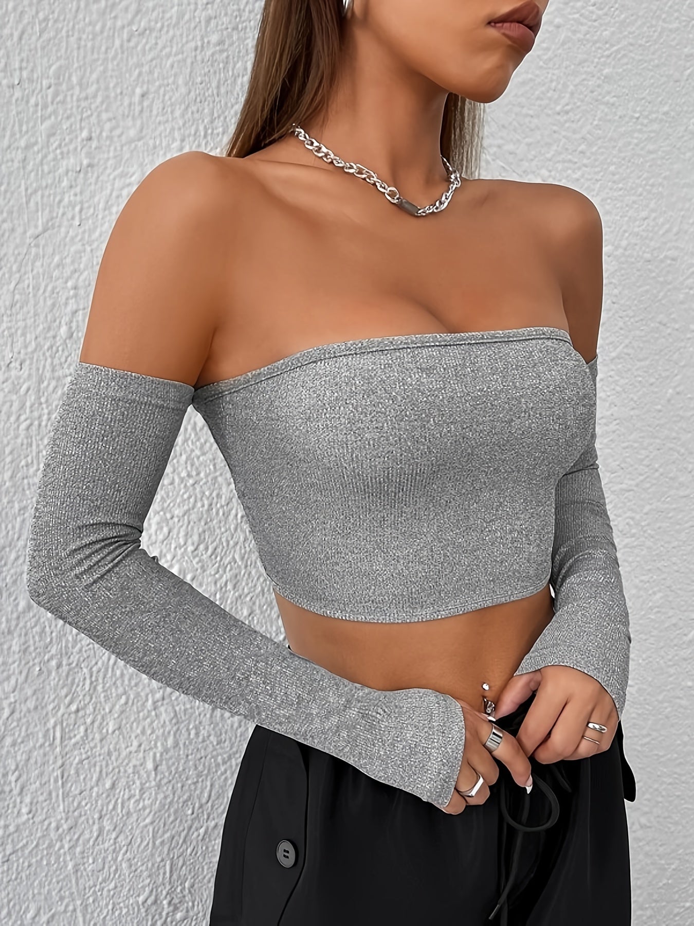 Women's Off-Shoulder Short Crop Top - Slim-Fit Sleeve Stretchy Shirt, Solid Black All-Season Versatile Top for Casual & Formal Outfits, Machine Washable Elegant Women's Fashion Apparel