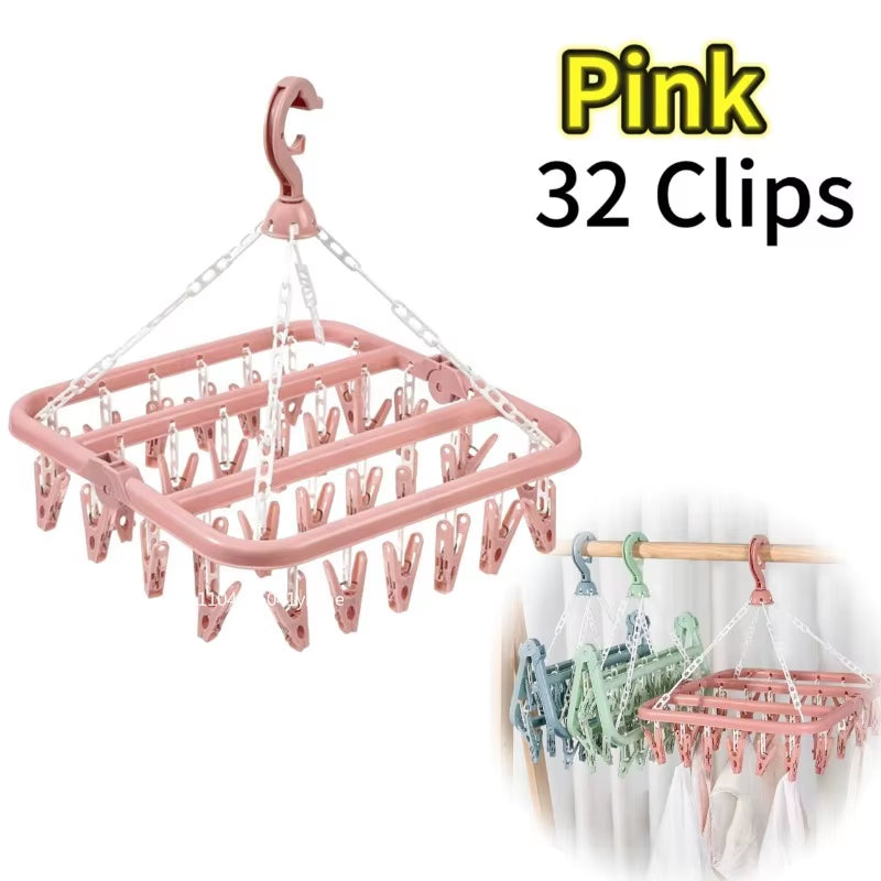 32 Clips Folding Clothes Dryer Hanger Windproof Socks Underwear Drying Rack Household Children Adults Storage Laundry Rack