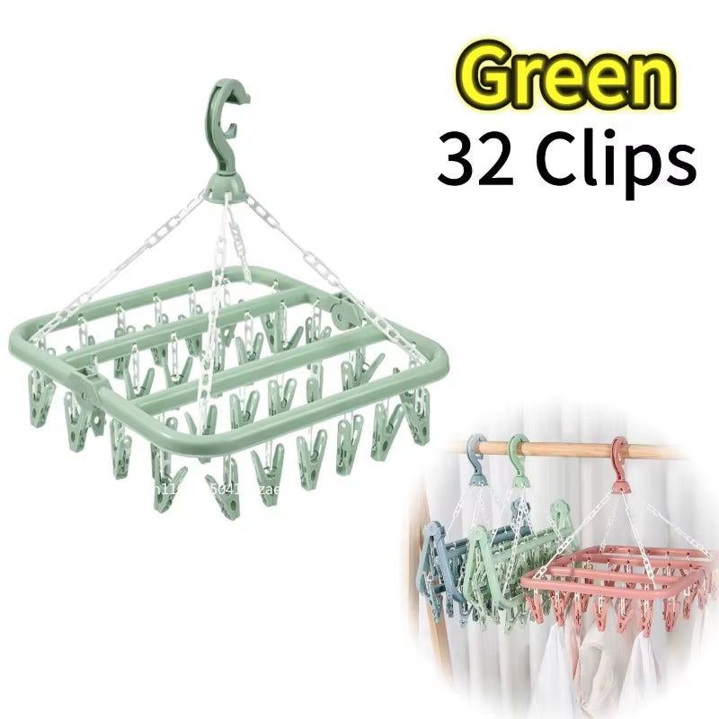 32 Clips Folding Clothes Dryer Hanger Windproof Socks Underwear Drying Rack Household Children Adults Storage Laundry Rack