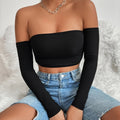 Women's Off-Shoulder Short Crop Top - Slim-Fit Sleeve Stretchy Shirt, Solid Black All-Season Versatile Top for Casual & Formal Outfits, Machine Washable Elegant Women's Fashion Apparel