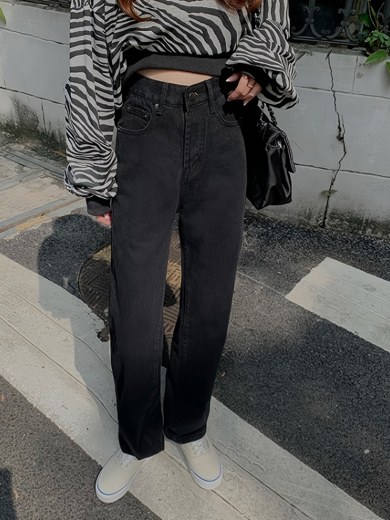 Plain High Rise High Waist Straight Jeans, Loose Fit Wide Legs Zipper Button Closure Boyfriends Jeans, Women's Denim Jeans & Clothing