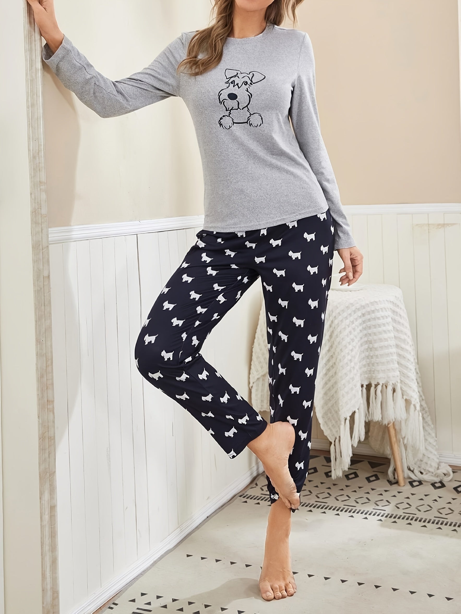 Cartoon Dog Print Pajama Set, Long Sleeve Crew Neck Top & Elastic Waistband Pants, Women's Sleepwear & Loungewear