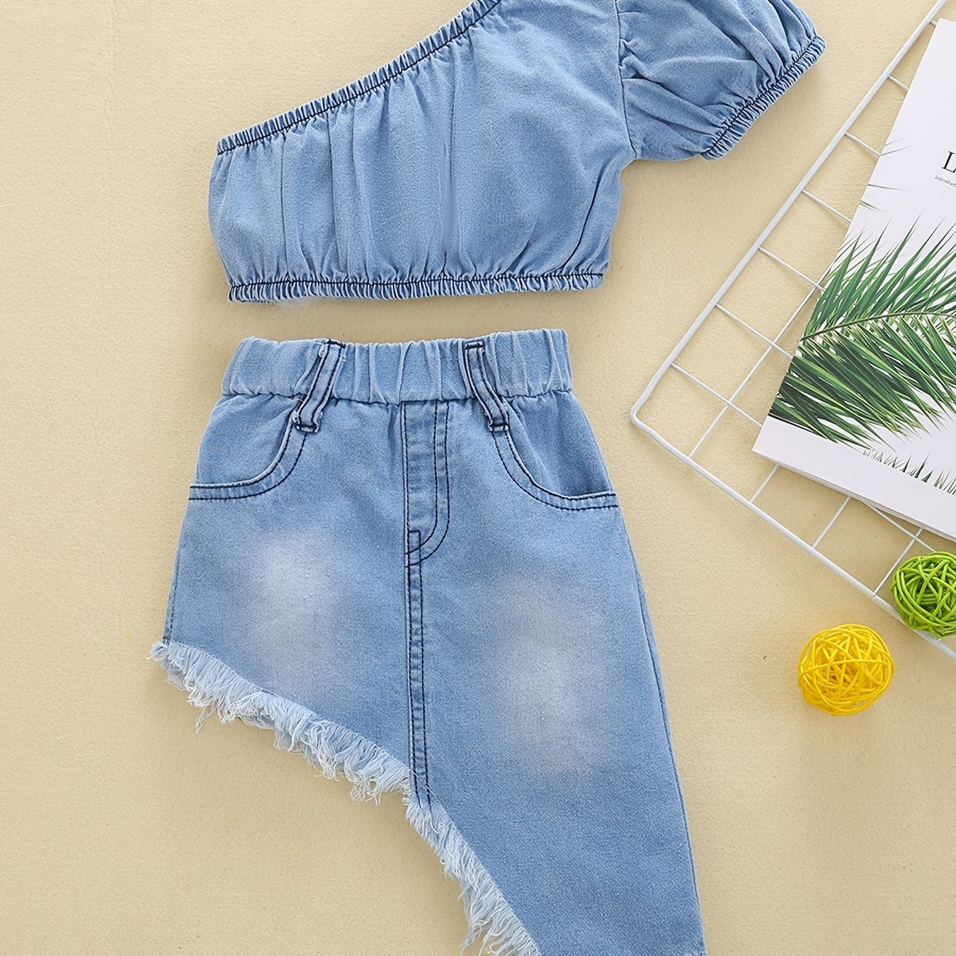 Girls Chic Denim Outfit - Premium Fabric, Slant Shoulder Top, Irregular Raw Hem Skirt, Complete Set for Girls - Trendy and Comfortable Denim Set for Everyday Wear