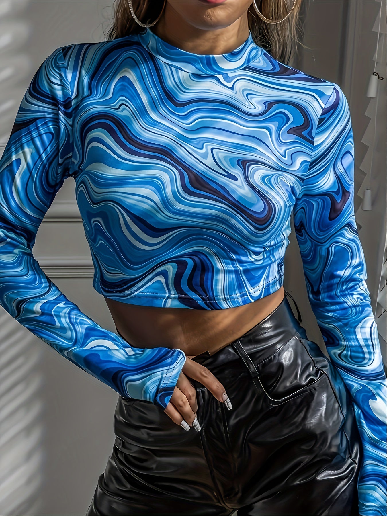 Y2K Marble Print Mock Neck Crop Tops, Women's Clothings