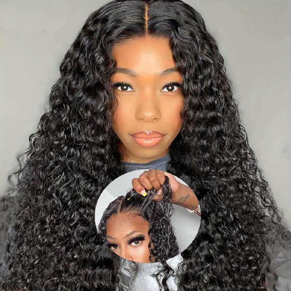 Glamorous Water Wave Human Hair Wig for Women - 100% Real, Glueless 4x4 HD Transparent Lace Closure, 180% Density, Easy Wear No Gel Needed, Pre-Cut Curly Lace Front, Perfect for Everyday Elegance