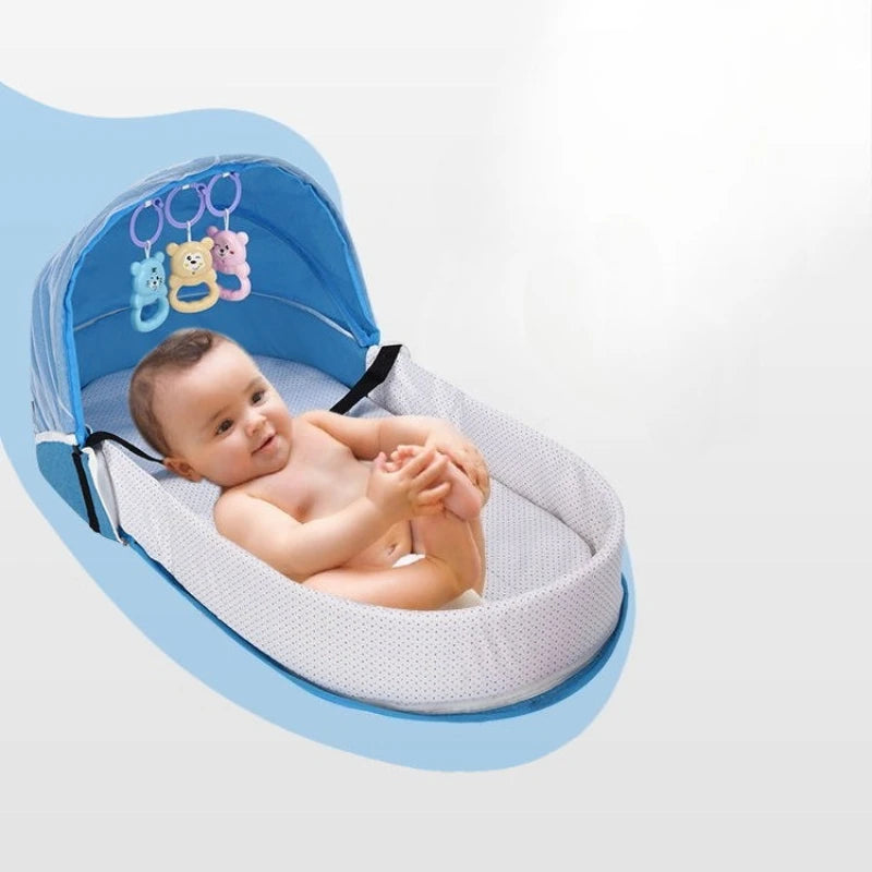 Baby Bed Convenient Folding Anti Pressure Baby Crib with Net and Awning Newborn Isolation Biomimetic Outdoor Travel Baby Crib