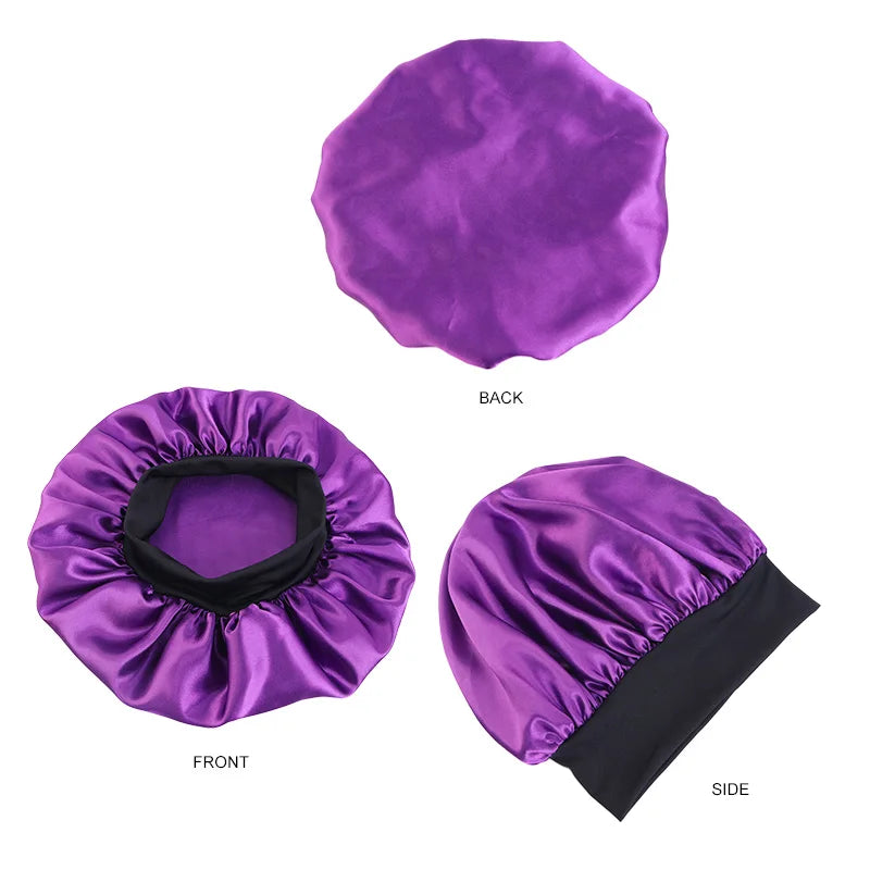 Women's Satin Solid Bonnets Wide-brimmed Night Sleeping Bathing Hat Unisex Head Wrap Elastic Band Cap Hair Care Bonnet