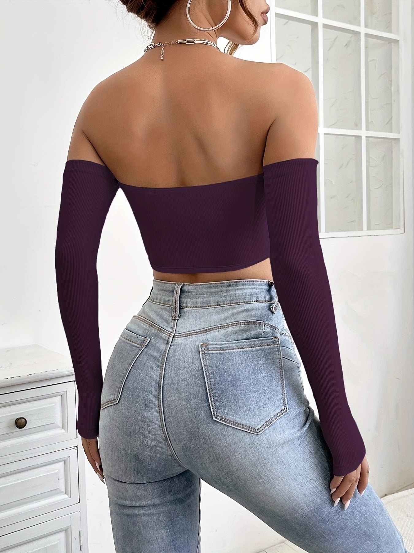 Women's Off-Shoulder Short Crop Top - Slim-Fit Sleeve Stretchy Shirt, Solid Black All-Season Versatile Top for Casual & Formal Outfits, Machine Washable Elegant Women's Fashion Apparel