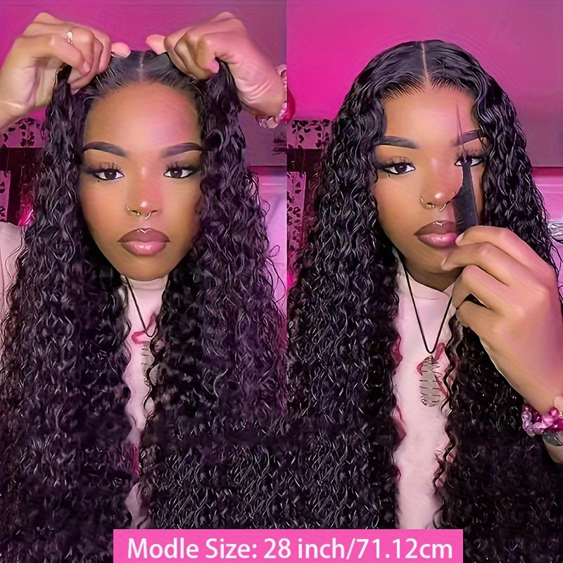 Glamorous Water Wave Human Hair Wig for Women - 100% Real, Glueless 4x4 HD Transparent Lace Closure, 180% Density, Easy Wear No Gel Needed, Pre-Cut Curly Lace Front, Perfect for Everyday Elegance