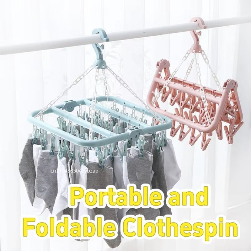 32 Clips Folding Clothes Dryer Hanger Windproof Socks Underwear Drying Rack Household Children Adults Storage Laundry Rack