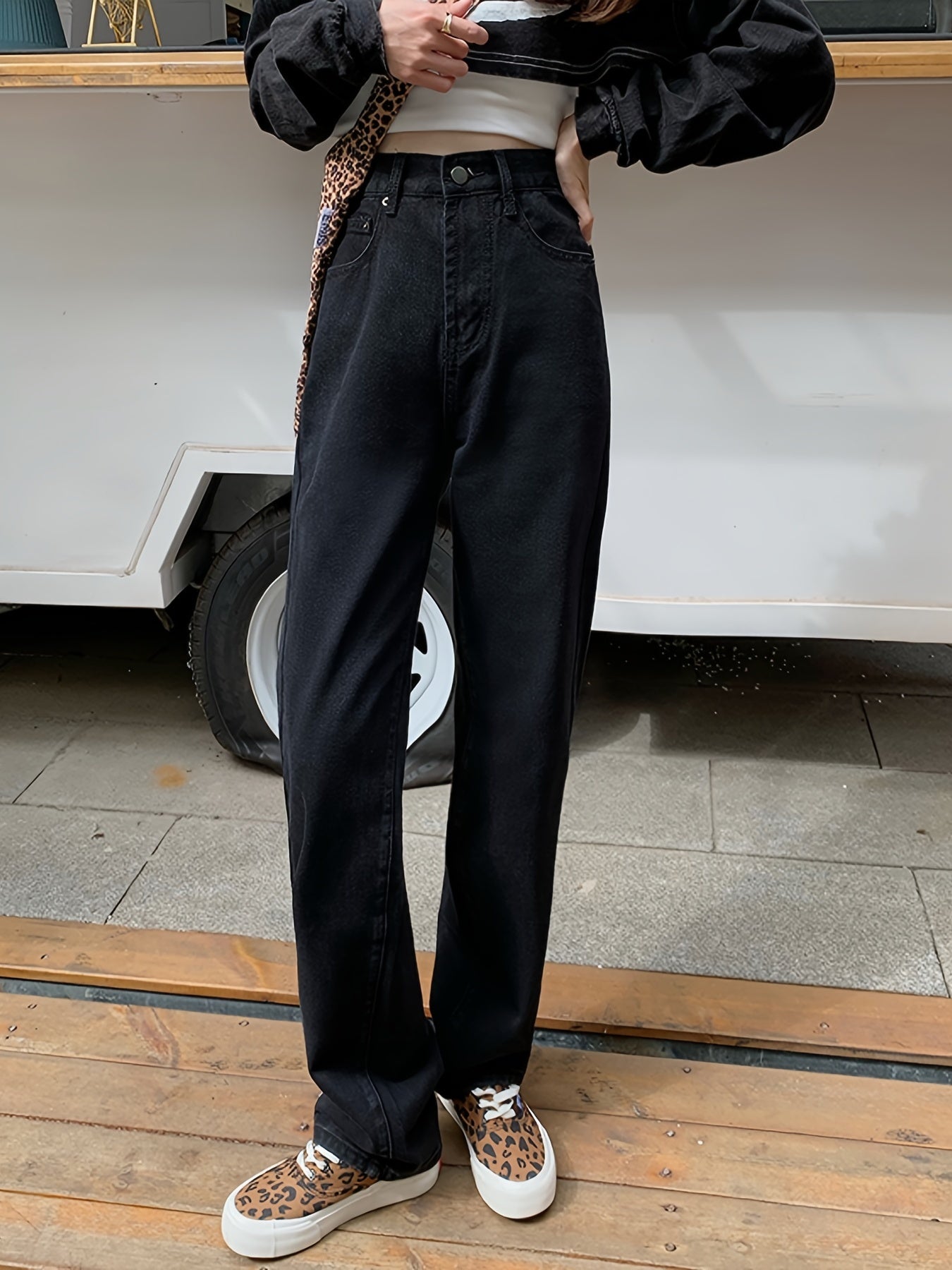 Plain High Rise High Waist Straight Jeans, Loose Fit Wide Legs Zipper Button Closure Boyfriends Jeans, Women's Denim Jeans & Clothing