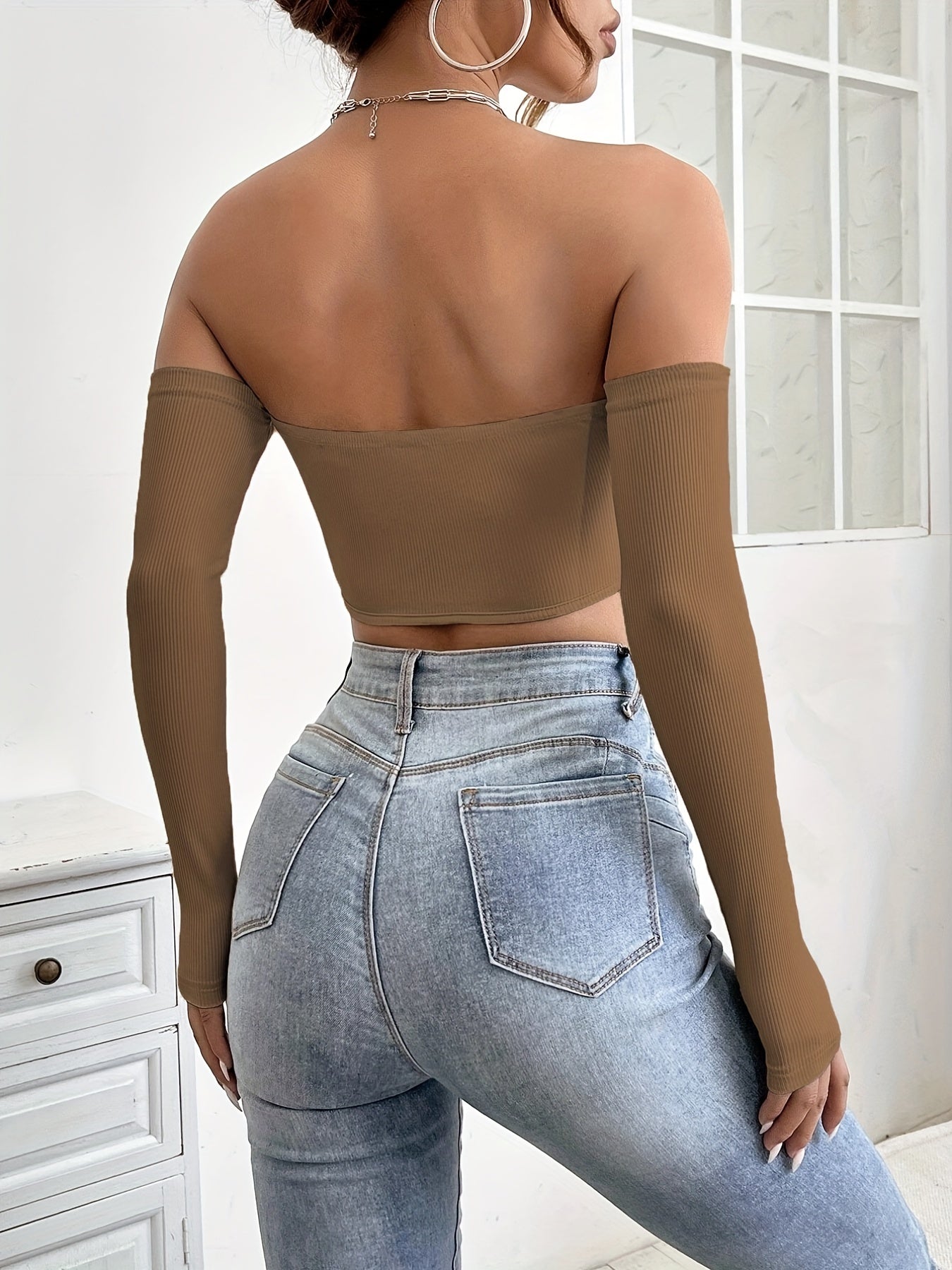 Women's Off-Shoulder Short Crop Top - Slim-Fit Sleeve Stretchy Shirt, Solid Black All-Season Versatile Top for Casual & Formal Outfits, Machine Washable Elegant Women's Fashion Apparel