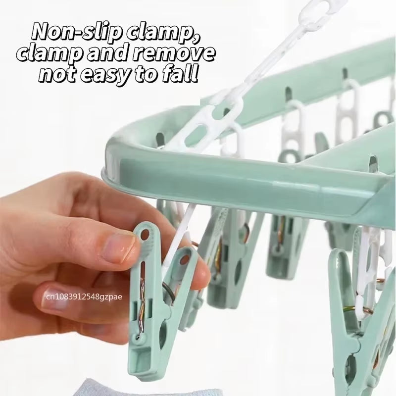 32 Clips Folding Clothes Dryer Hanger Windproof Socks Underwear Drying Rack Household Children Adults Storage Laundry Rack