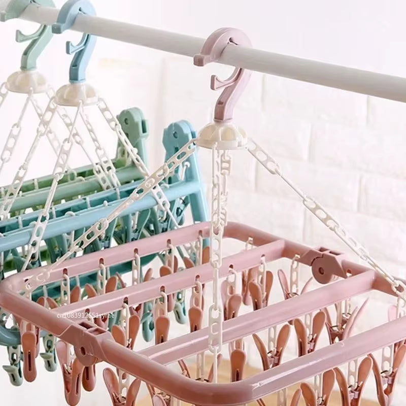 32 Clips Folding Clothes Dryer Hanger Windproof Socks Underwear Drying Rack Household Children Adults Storage Laundry Rack