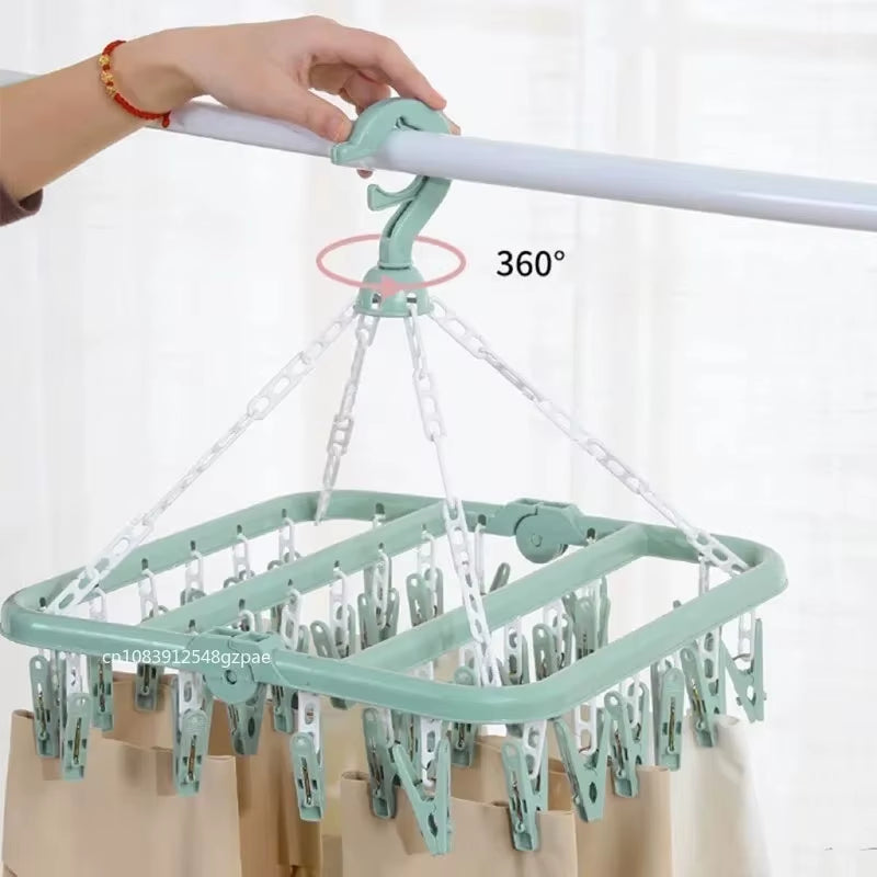 32 Clips Folding Clothes Dryer Hanger Windproof Socks Underwear Drying Rack Household Children Adults Storage Laundry Rack