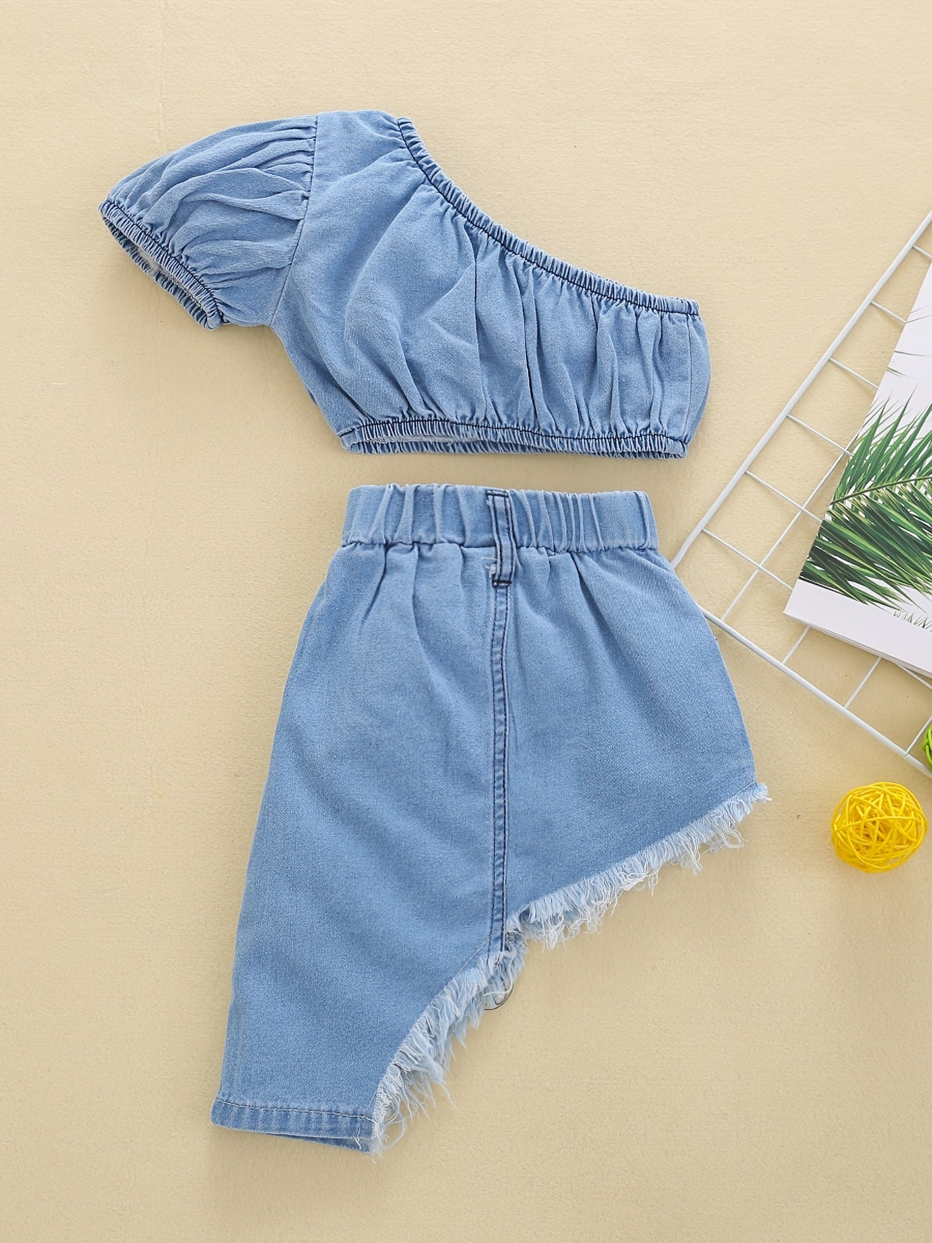 Girls Chic Denim Outfit - Premium Fabric, Slant Shoulder Top, Irregular Raw Hem Skirt, Complete Set for Girls - Trendy and Comfortable Denim Set for Everyday Wear